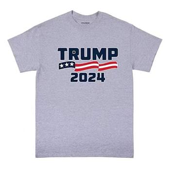 "TRUMP 2024" American Flag Banner T-Shirt (Dark Gray or Light Gray)