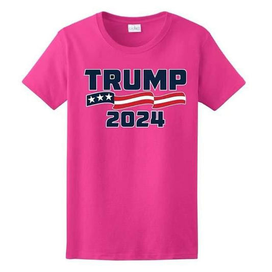 "TRUMP 2024" American Flag Banner T-Shirt (Pink)